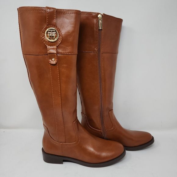Tommy Hilfiger Riding Boots Womens 5 Tan Brown Knee High Logo Spell Out Shoes - Picture 3 of 9